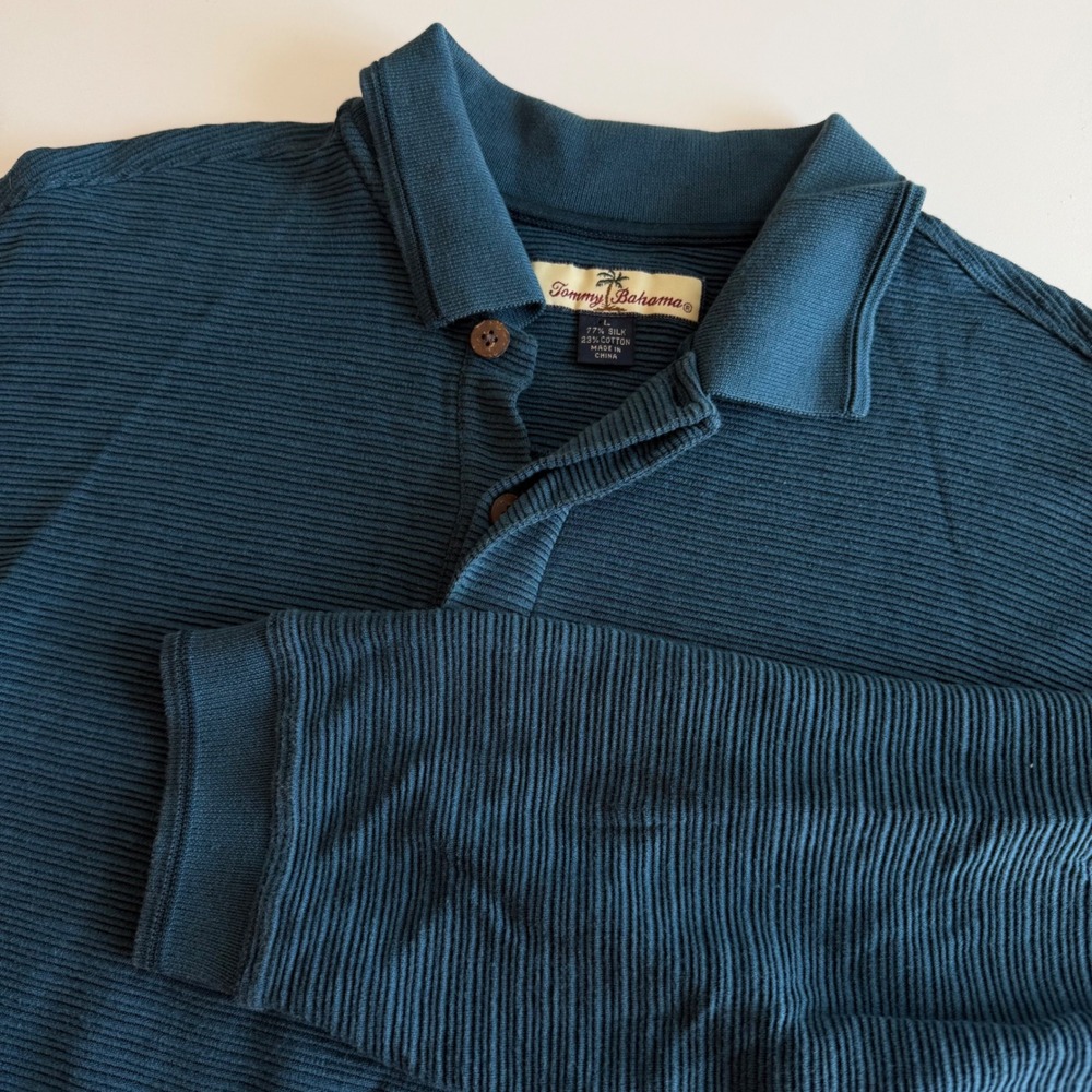 Tommy Bahama Mens Polo Shirt Long Sleeve Large Teal Blue Ribbed Silk Cotton